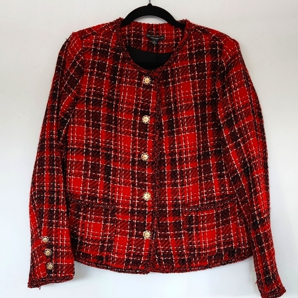 NWT Adrianna Papell Women's Crew Neck Red Black Holiday Tweed Jacket Size M - Picture 1 of 10